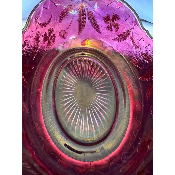 VINTAGE Delaware US GLASS Pink Rose Stain Fruit BANANA Bowl Gold Accent ANTIQUE - Picture 14 of 16